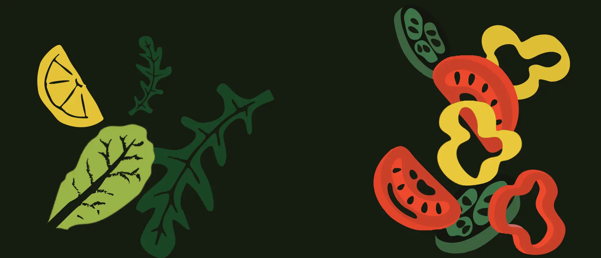 Dark green background with colorful produce icons